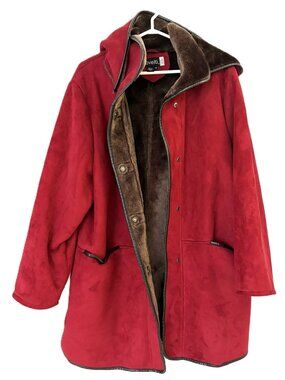 Novelti Red Faux-Suede Coat with Brown Faux-Fur Lining & Hood Size 1X